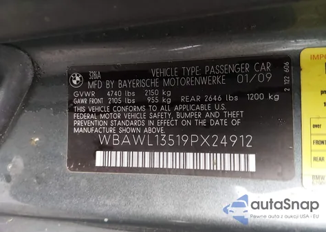 2009 BMW 328I z USA, uszkodzony, nr VIN WBAWL13519PX24912